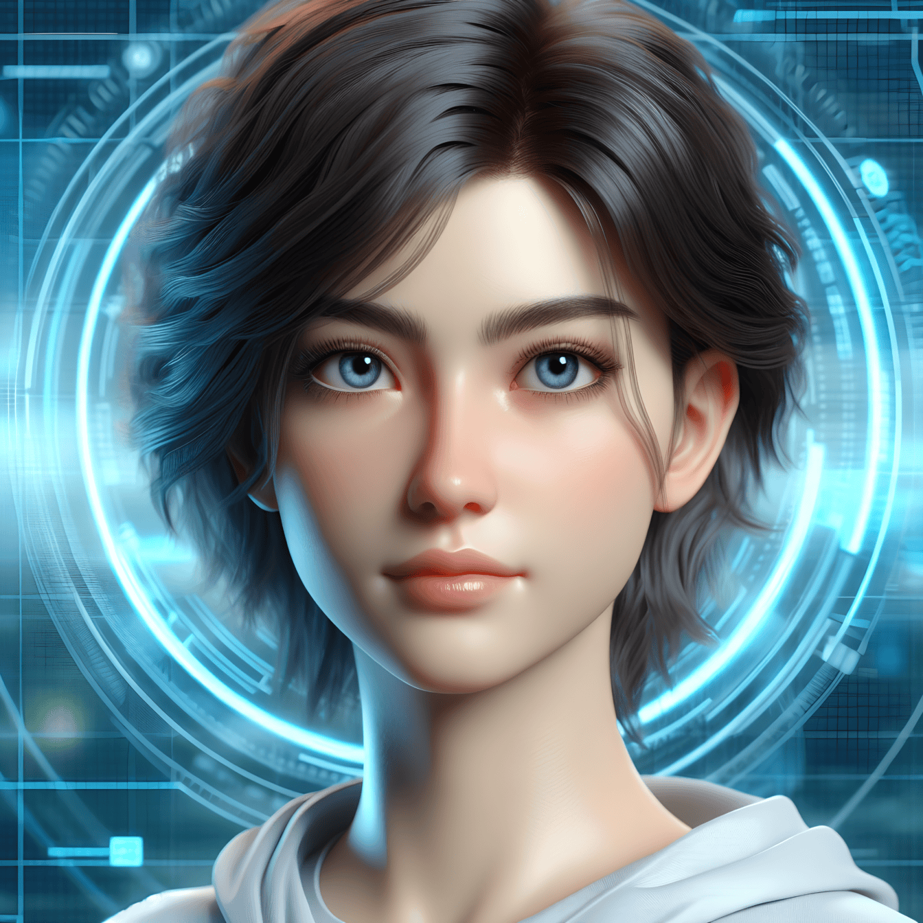 Digitaalinen muotokuva nuoresta naisesta, jolla on lyhyet hiukset ja siniset silmät virtuaalitodellisuudessa