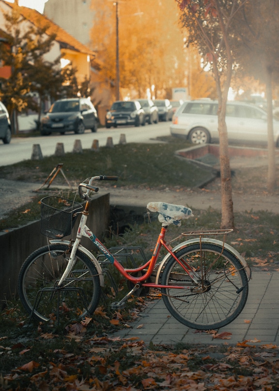 길가의 보도에 주차된 중형 자전거
