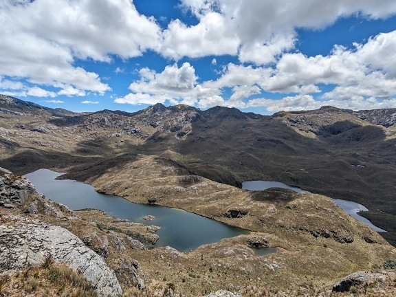 Panorama of lakes surrounded by mountains in natural park Cajas in Cuenca canton, Ecuador