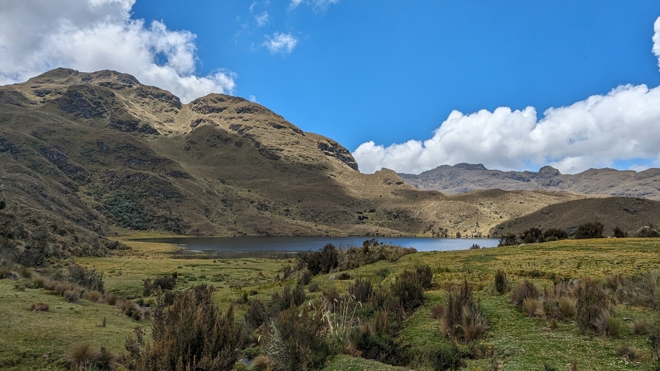 Panorama da beira do lago em um planalto no parque natural de Cajas no Equador