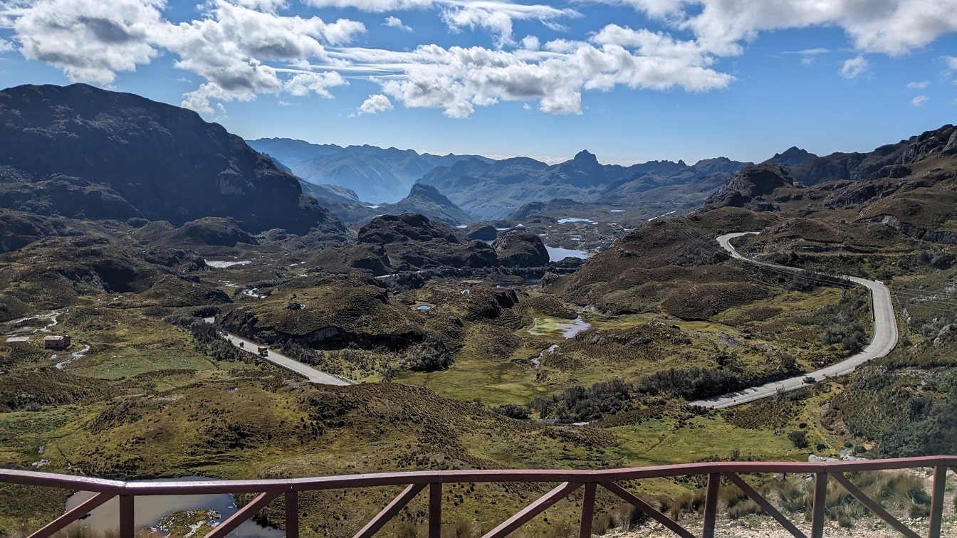Panorama klikatých silnic v údolí z vyhlídky v přírodním parku Cajas v Ekvádoru