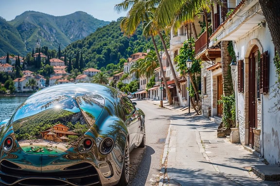 Glänzendes Auto mit Spiegelung des maritimen Stadtbildes, das auf einer Straße geparkt ist