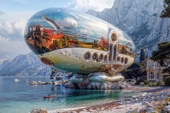 The concept of Zeppelin balloon of the future by the beach