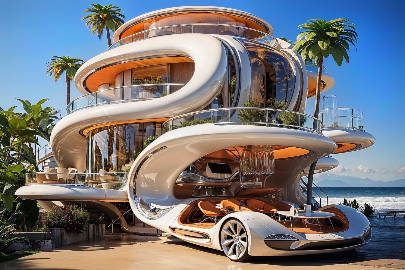 Futuristisk 3D-modell av ett hus med en terrass i form av en bil på en strandfront