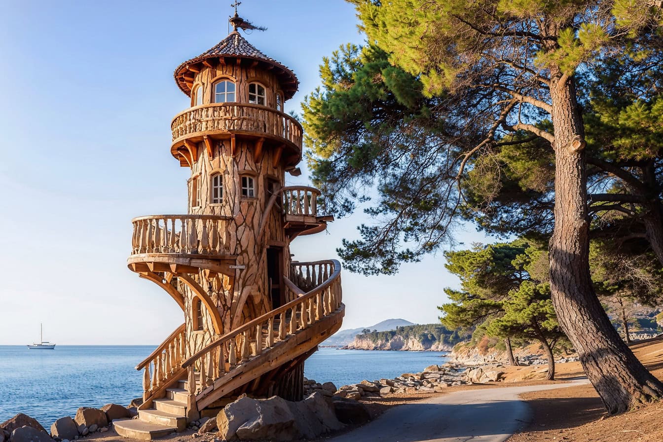 Et fyrtårn i tre ved stranden i Kroatia