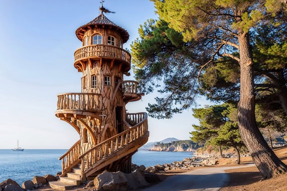 Ein hölzerner Leuchtturm direkt am Strand in Kroatien