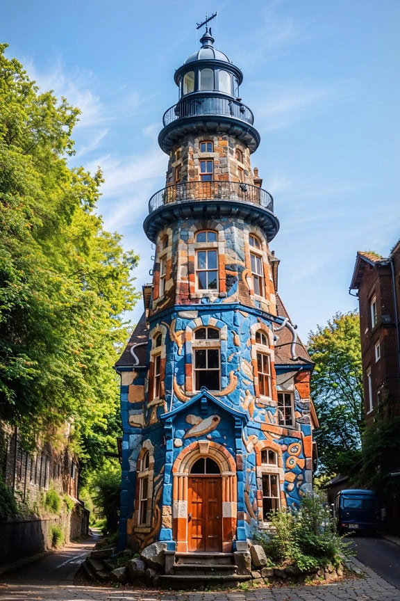 A house in a shape of a lighthouse a multicolored facade resembles to style of Antoni Gaudi architecture