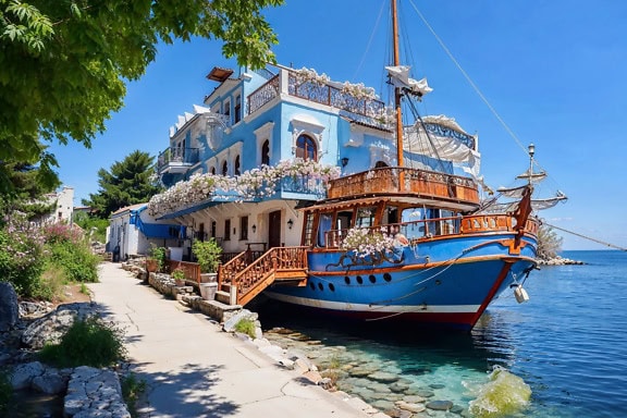 Розкішний палац у формі синьо-білого корабля на береговій лінії