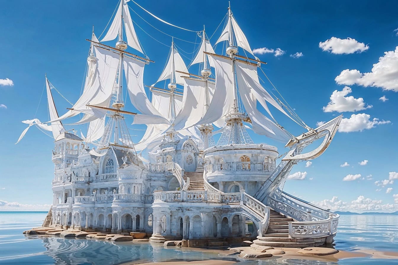 Sahilde beyaz yelkenli bir yelkenli gemi şeklinde beyaz rüya sarayı