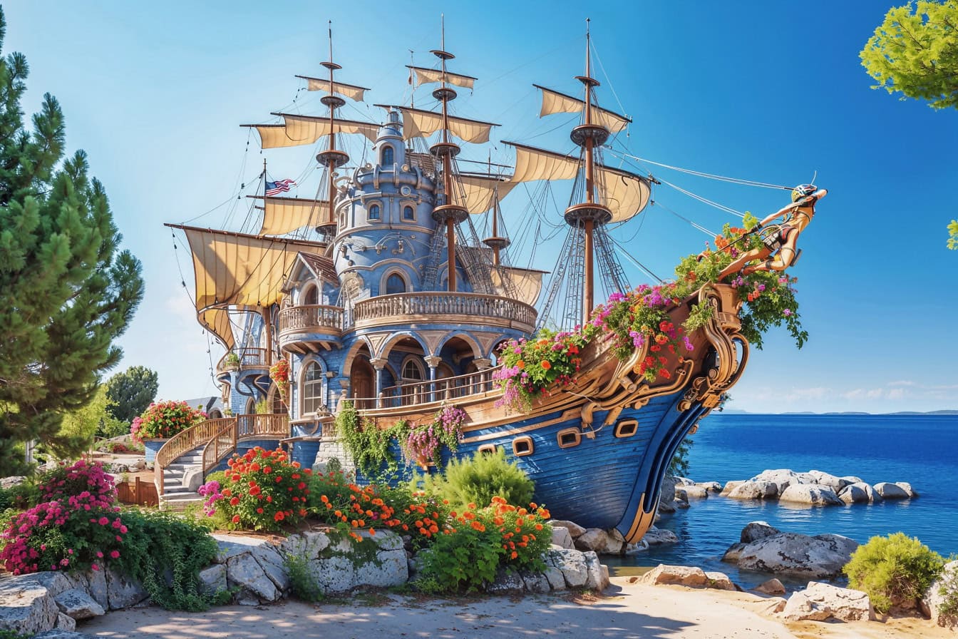 Um veleiro velho de conto de fadas como uma villa de praia na Croácia