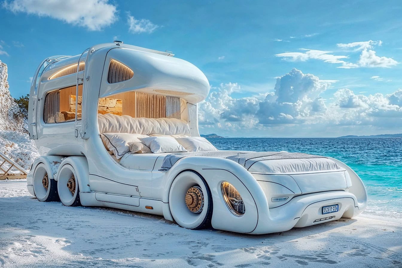 Koncept luxusného bieleho auta s posteľou na pláži