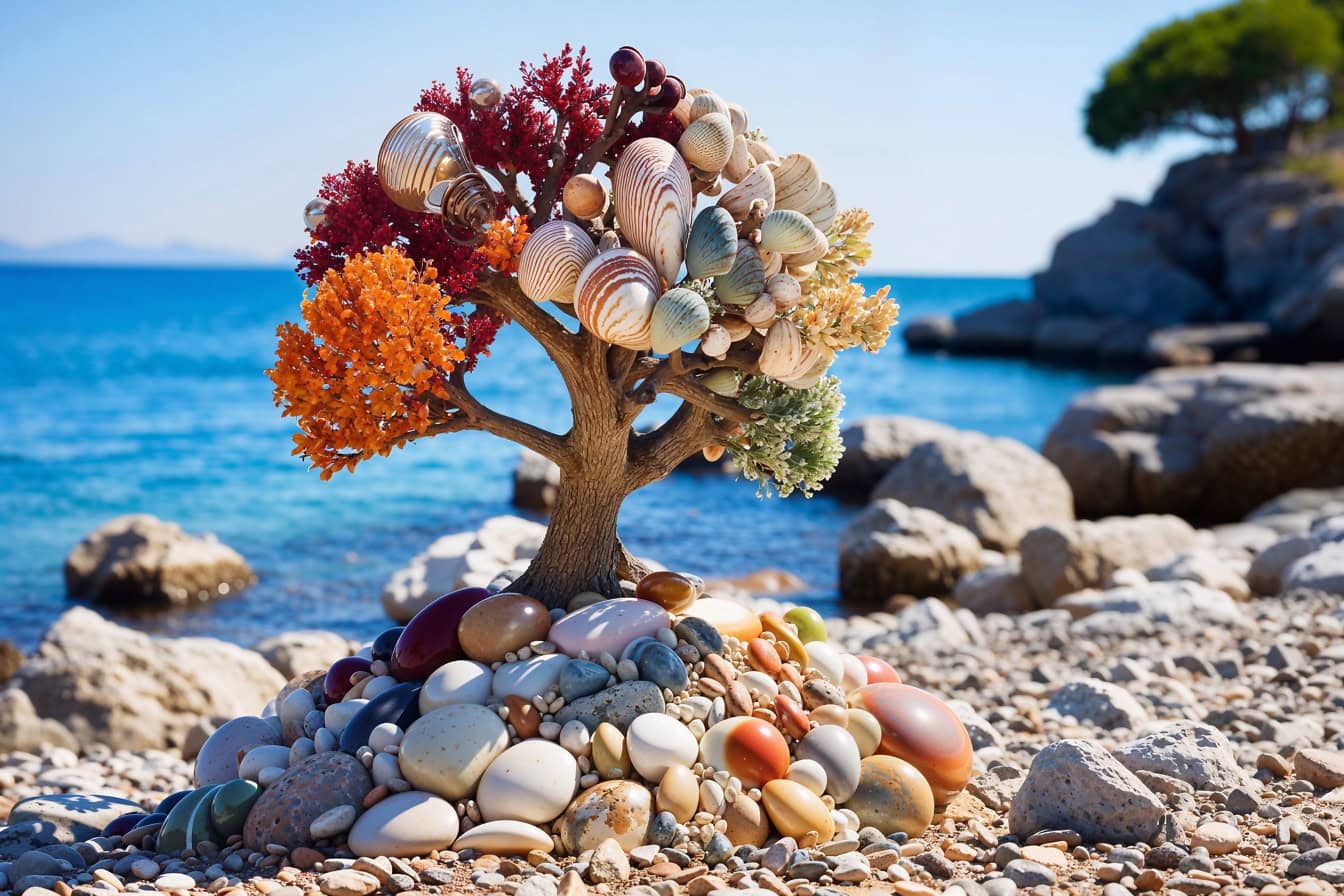 Korálový strom z mušlí a kamenů na pláži ve stylu bonsaje