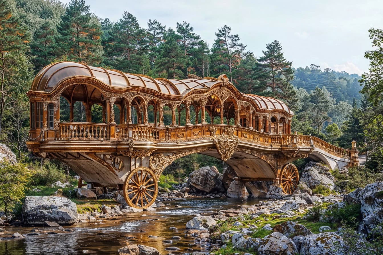 Velkolepá fotomontáž dřevěného mostu v podobě zdobeného viktoriánského kočáru nad potokem