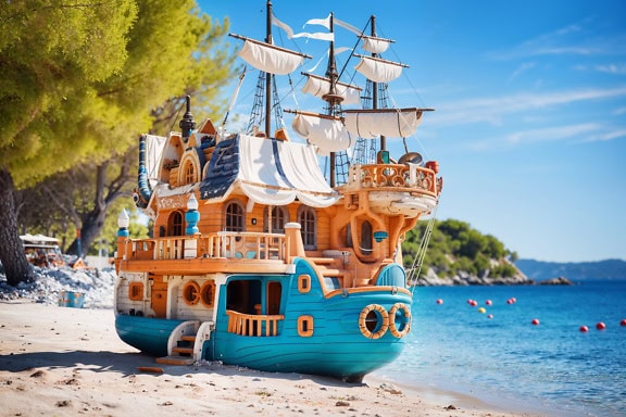 Photomontage of a fairytale house in a shape of a toy-ship on a beach
