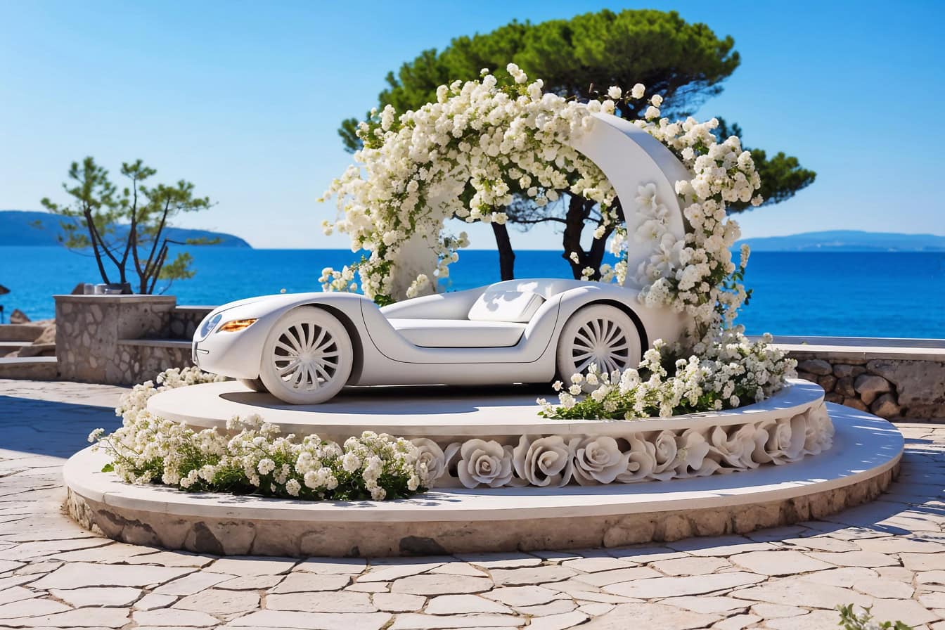 海滨露台上的一张床的概念，形状像一辆白色的汽车，周围有鲜花