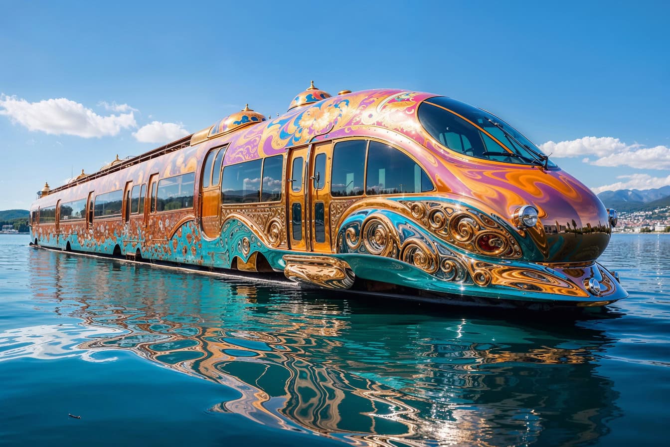 Det futuristiska konceptet med framtidens supersnabba tågfartyg på vattnet
