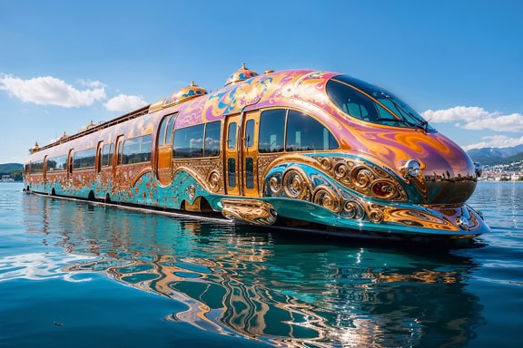 El concepto futurista de un tren-barco súper rápido del futuro en el agua