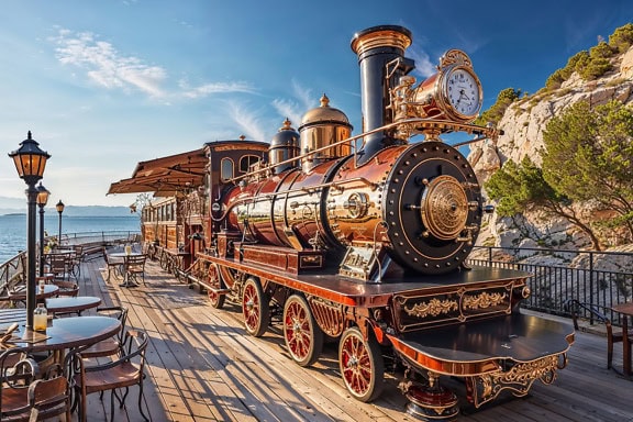 A breathtaking design of a beachfront restaurant in a shape of steam-train locomotive on a dock
