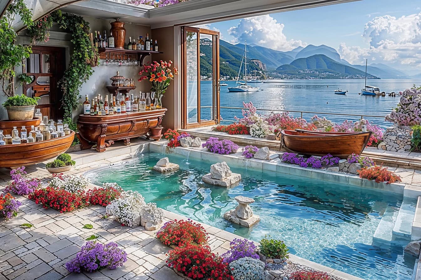 Grafiskt koncept av ett lyxigt rum med en pool på terrassen