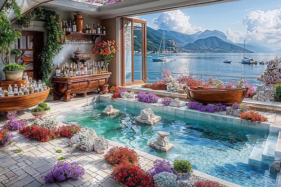 Grafický koncept luxusního pokoje s bazénem na terase
