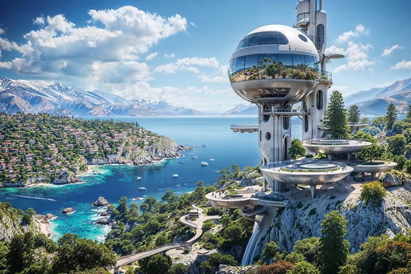 Concept of a building of the future with a glass dome on top located on top of a cliff with a bay in the background