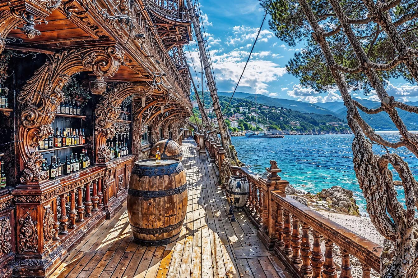 Restaurant fabriqué à partir d’un bateau pirate en bois avec une table faite d’un tonneau avec une bouteille d’alcool dessus