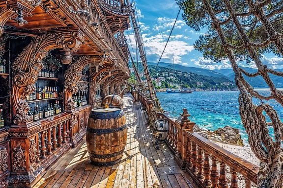 Restaurant made from a wooden pirate ship with a table made of a barrel with a bottle of liquor on it