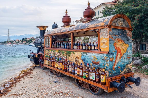 Bar de bebidas hecho de locomotora de vapor en la playa
