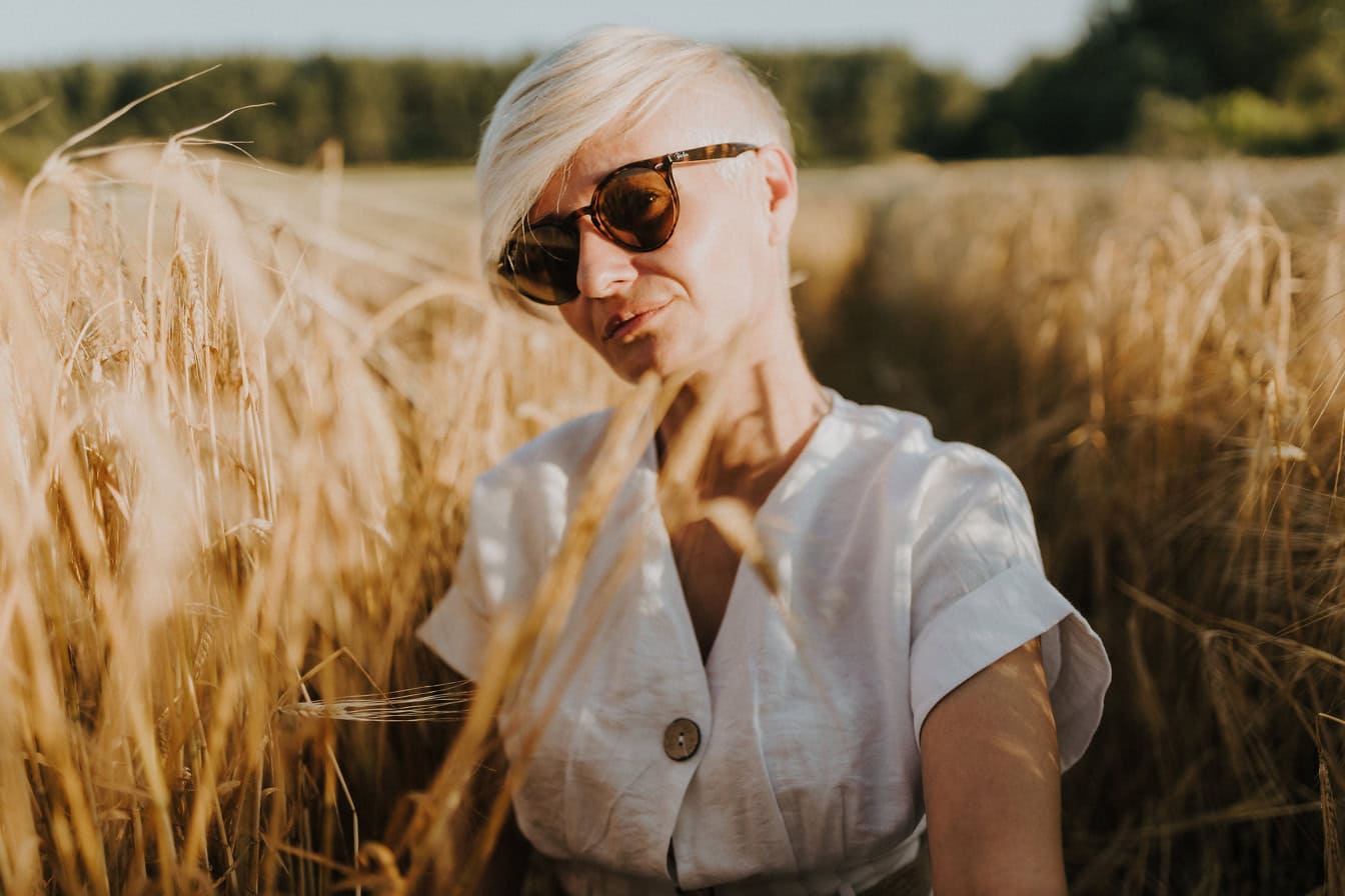 Portret van een mooie jonge vrouw met kort blond haar op een tarwegebied dat zonnebril draagt