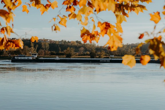 Шлеп кораб по река Дунав в слънчев есенен ден