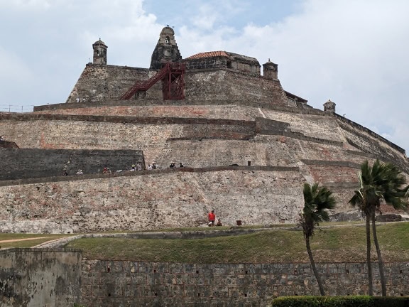Large medieval stone fortification at Castillo San Felipe de Barajas in Cartagena, Columbia