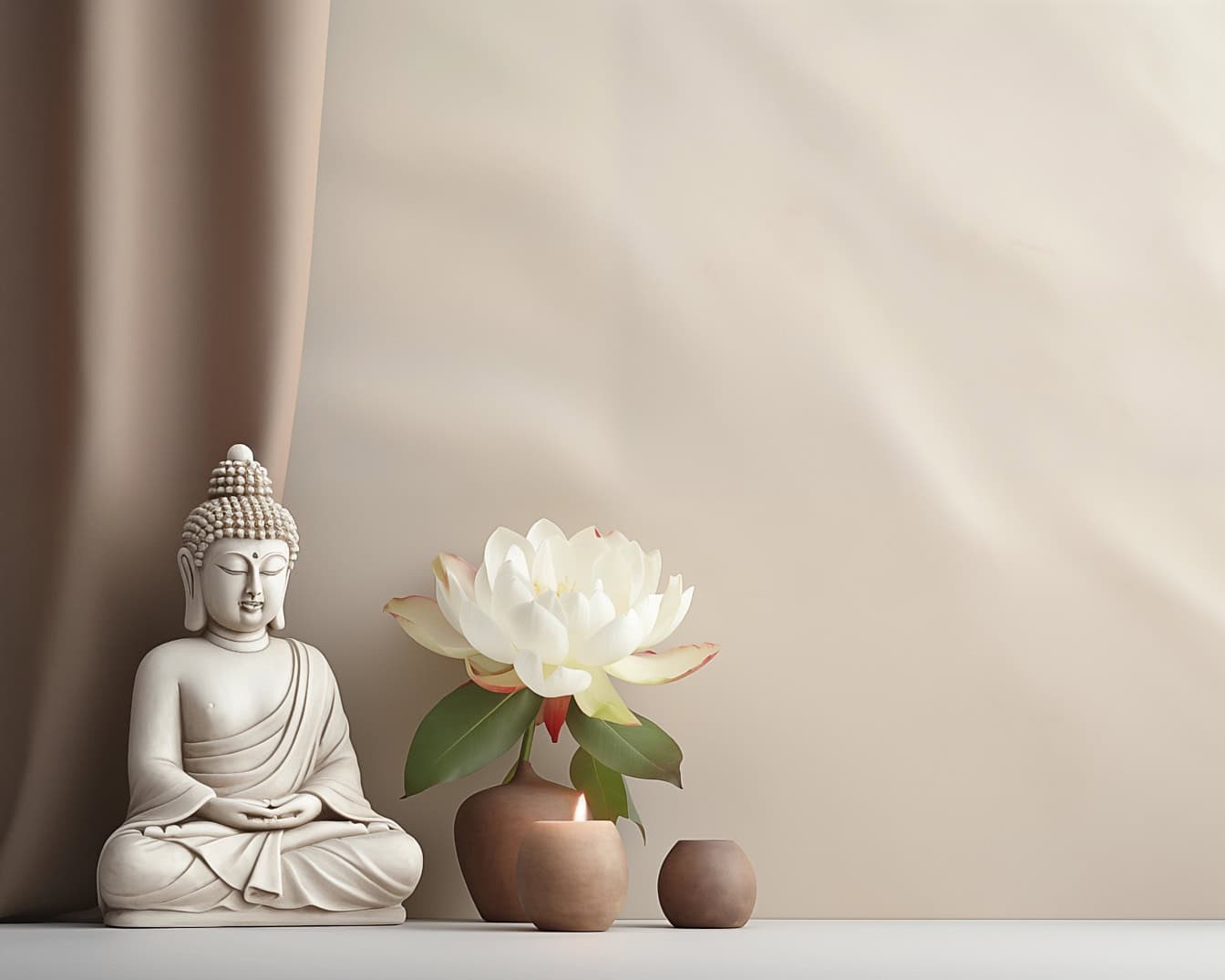 En vit buddhastaty som sitter bredvid en vit lotusblomma, en illustration som visar zenmeditation