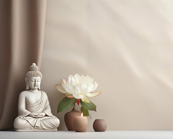 Eine weiße Buddha-Statue, die neben einer weißen Lotusblume sitzt, eine Illustration, die Zen-Meditation darstellt