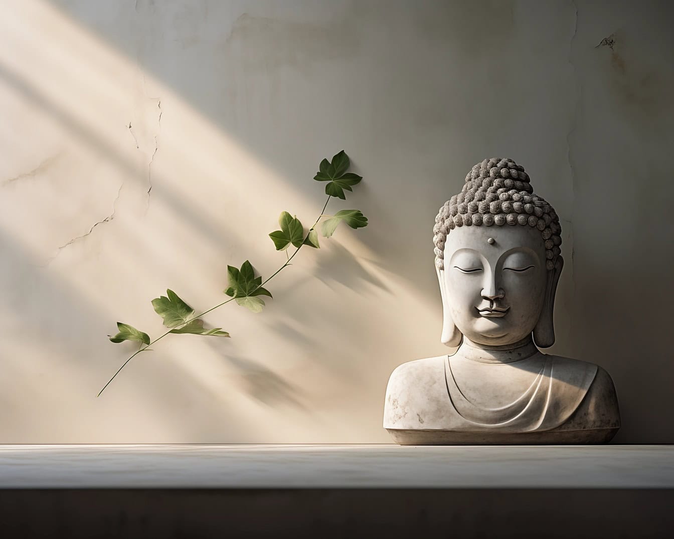 Статуя на Буда със затворени очи, изобразяваща релаксираща трансцендентална дзен атмосфера