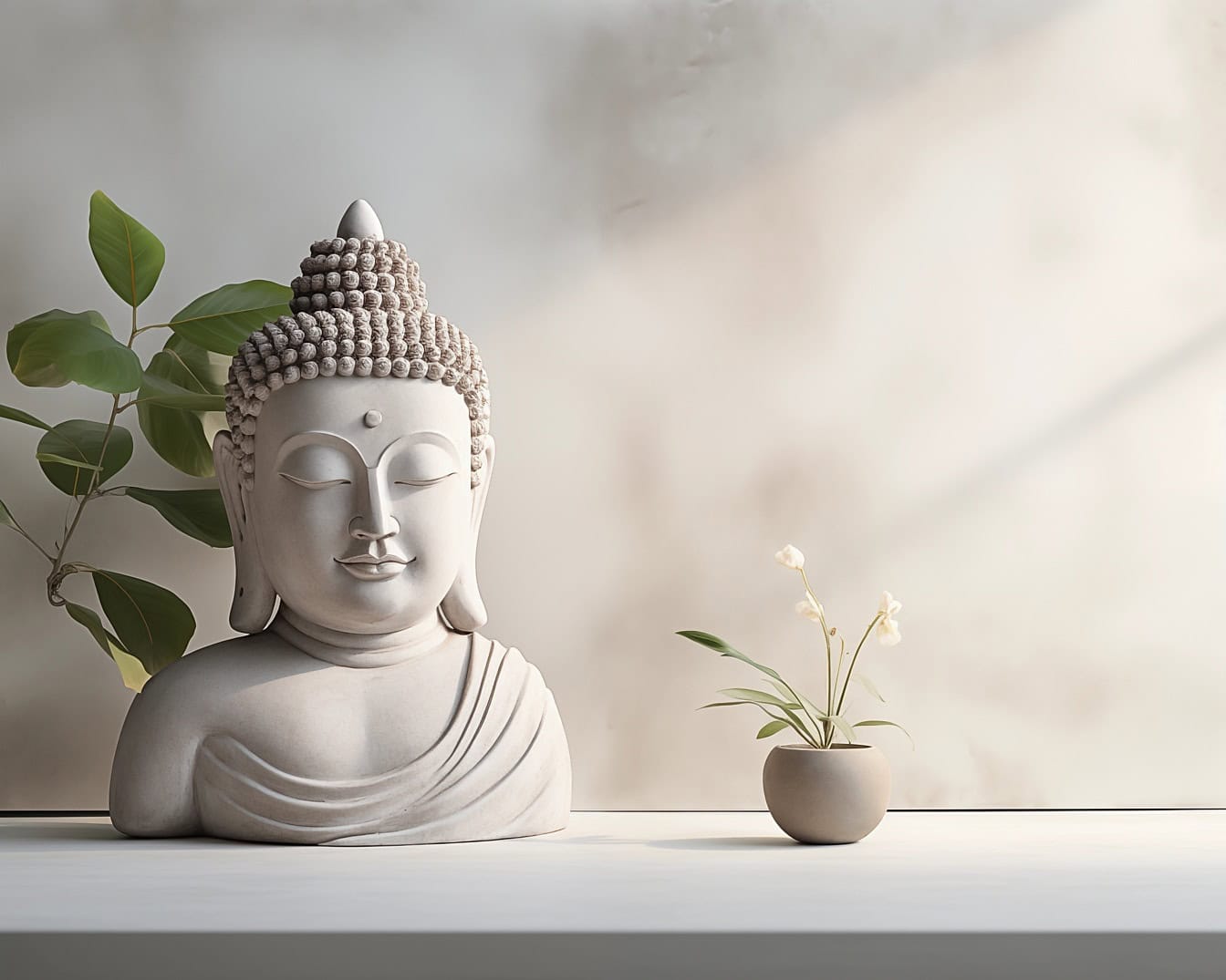 Buddhan pään ja vartalon valkoinen patsas valkoisen kukan vieressä, joka kuvaa minimalistista muotoilua ja rauhallista meditaatiota