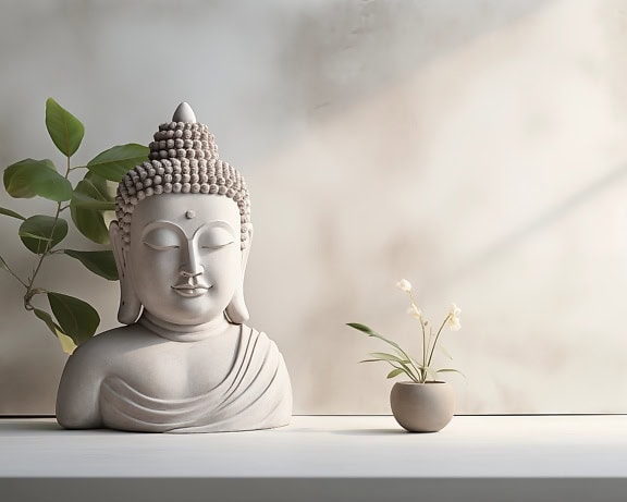 Statua bianca di una testa e di un busto di un buddha accanto a un fiore bianco raffigurante un design minimalista e una meditazione calma