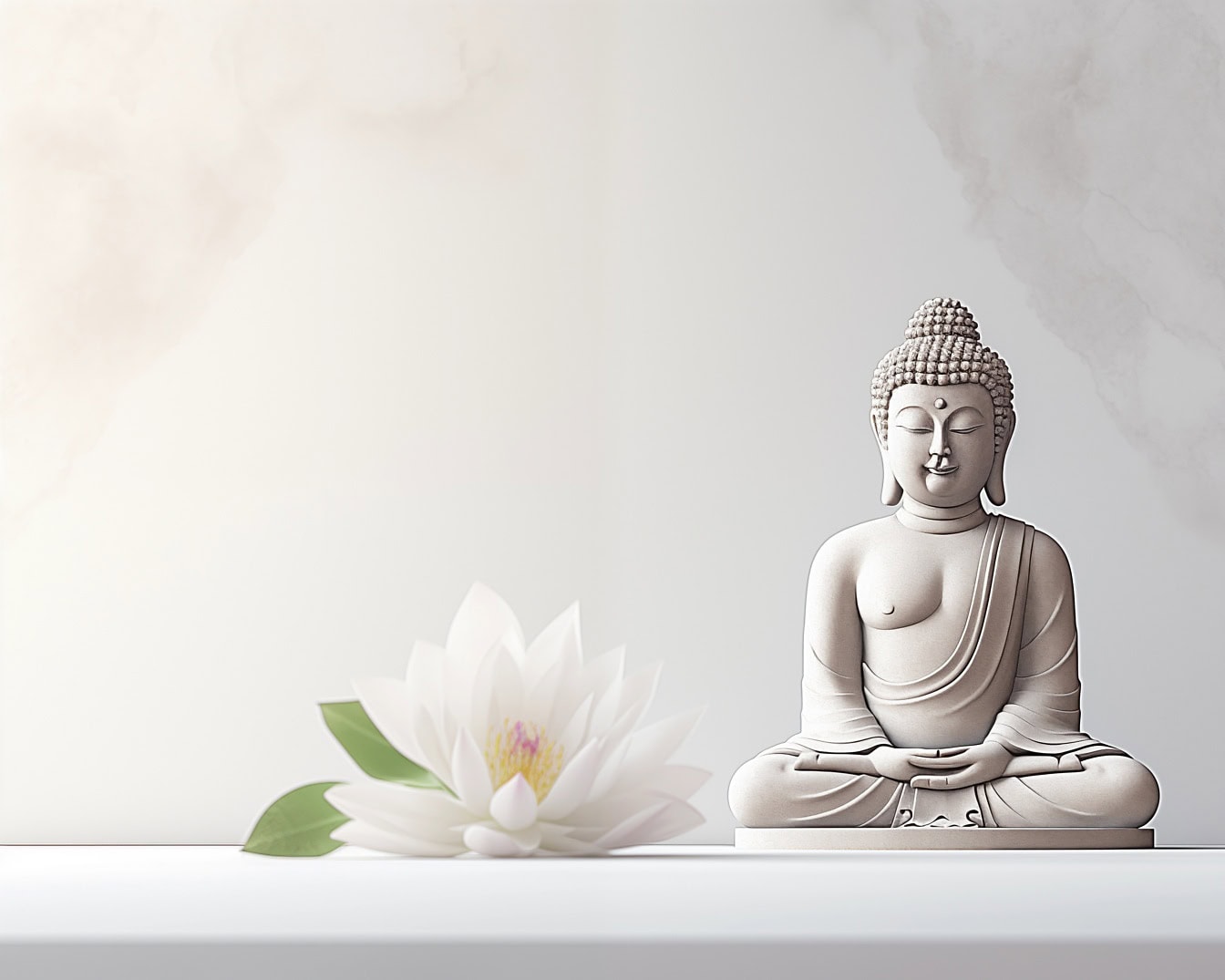 Standbeeld van een Boedha die naast een witte lotusbloembloem meditert