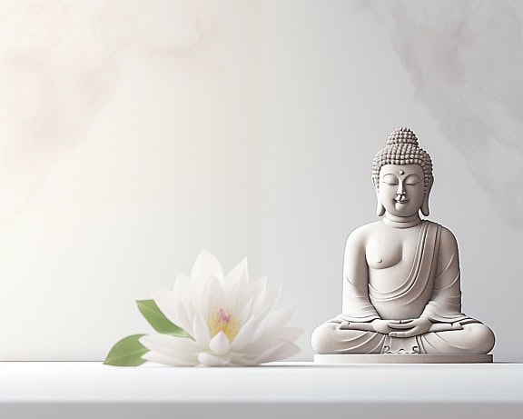 Estátua de um buda meditando ao lado de uma flor de lótus branca