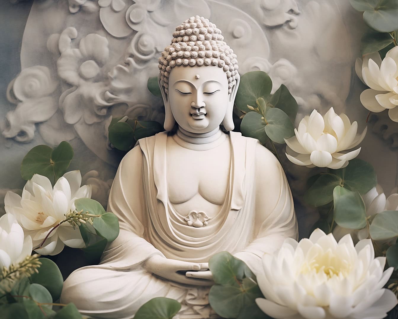 Het standbeeld van Boedha in transcendente Meditatie omringd door lotusbloembloemen die Zen als spirituele filosofie uitbeelden