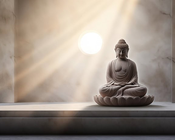 Statue of a meditating Buddha  sitting on a lotus flower in semi shadow with sunrays in background depicting transcendental Zen meditation