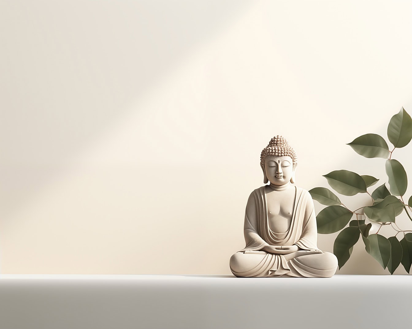 Beige standbeeld van een Boedha die op een witte oppervlakte zit en mediteert