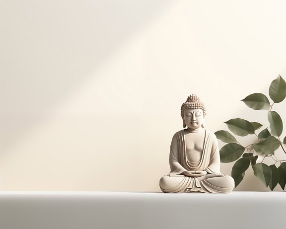 Patung krem seorang buddha duduk dan bermeditasi di permukaan putih