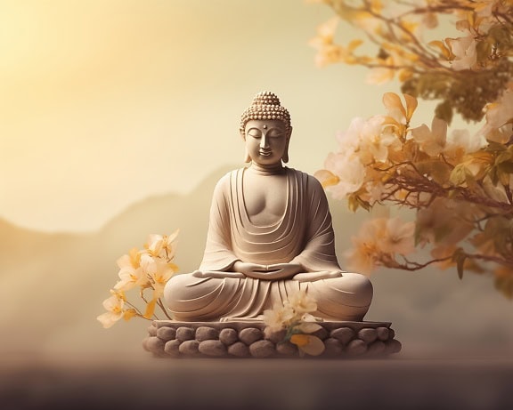 Statue of Buddha in transcendental Zen meditation while sitting on levitating stones with flowers and golden sunrays as the background