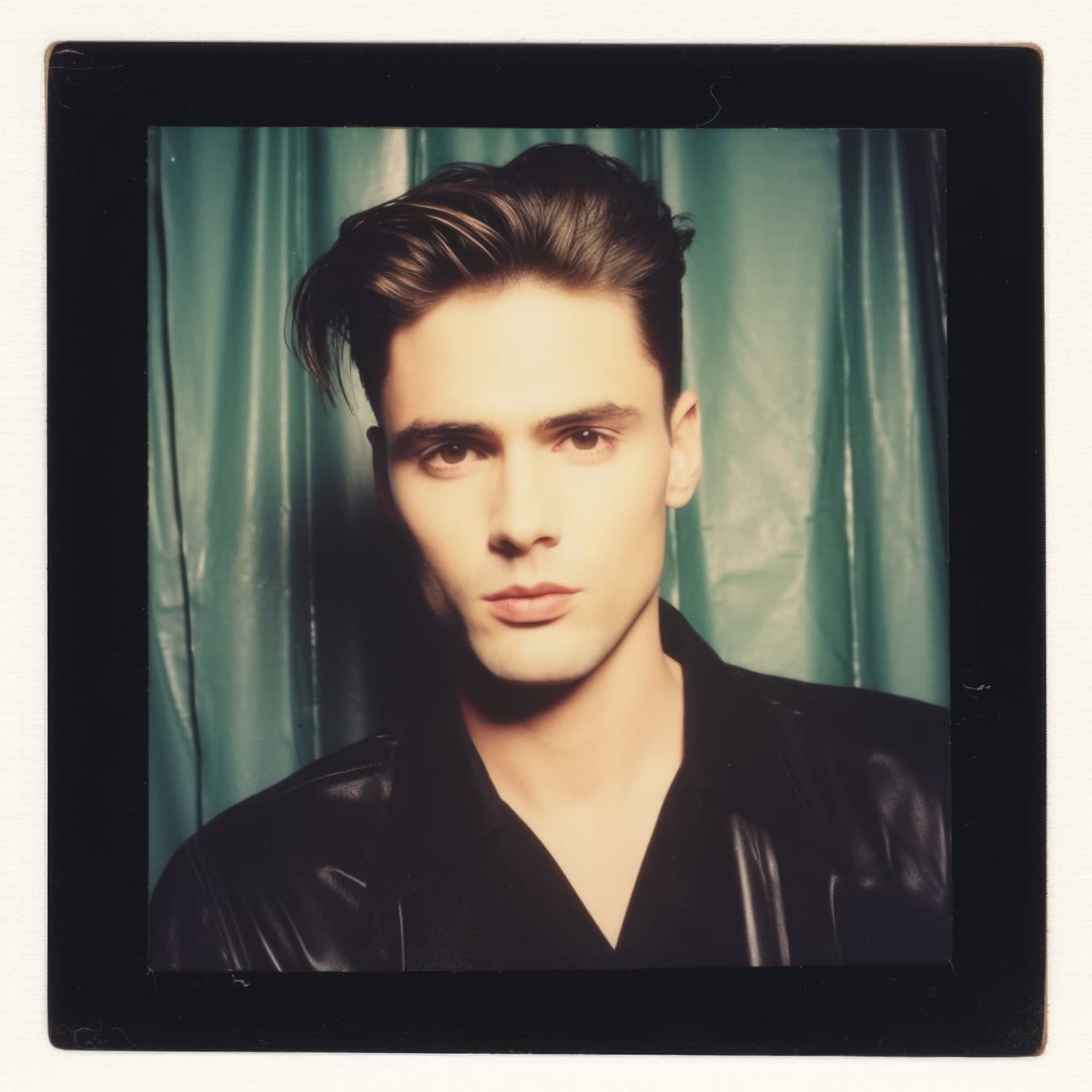 Faded polaroid photo of a handsome man in black leather jacket posing for a picture