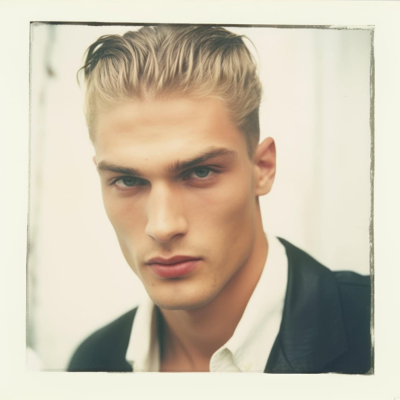 Old faded polaroid photo of a very handsome man photo model with blonde hair