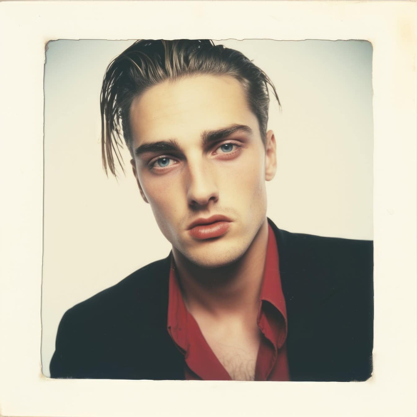 Old polaroid photograph of a very handsome young man with blue eyes wearing a red shirt and black jacket