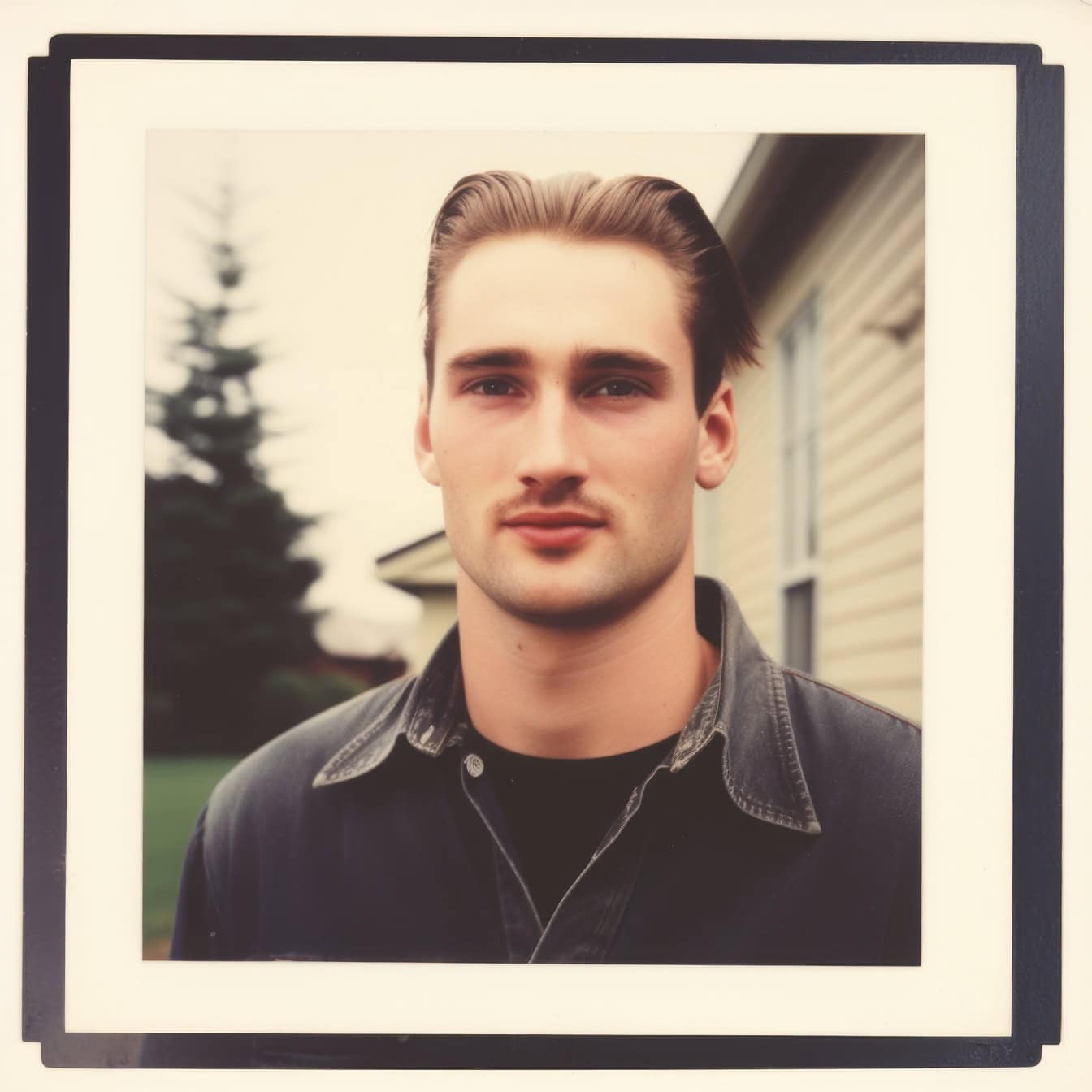 Old faded polaroid photograph of a young good looking man in a black shirt