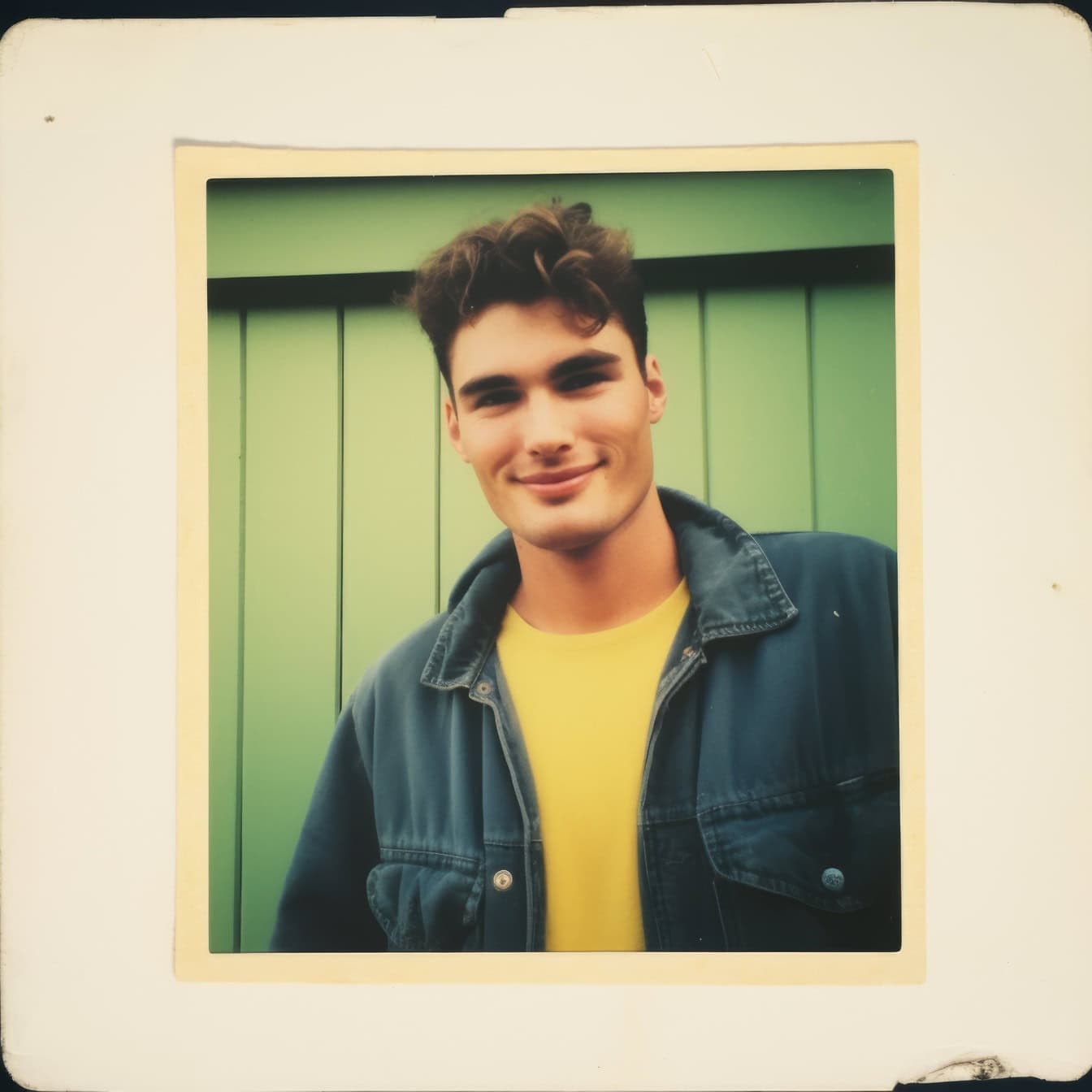 Instantané polaroid délavé d’un vieil album photo avec une photo d’un beau jeune homme souriant en posant