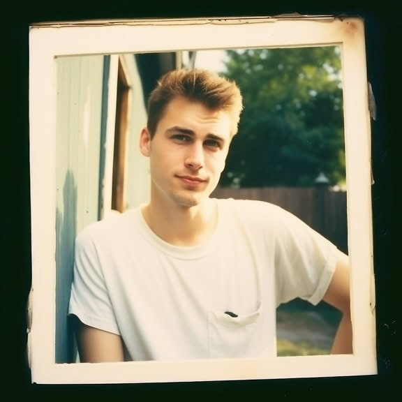 Gammalt bleknat fotografi av en ung stilig man i vit skjorta