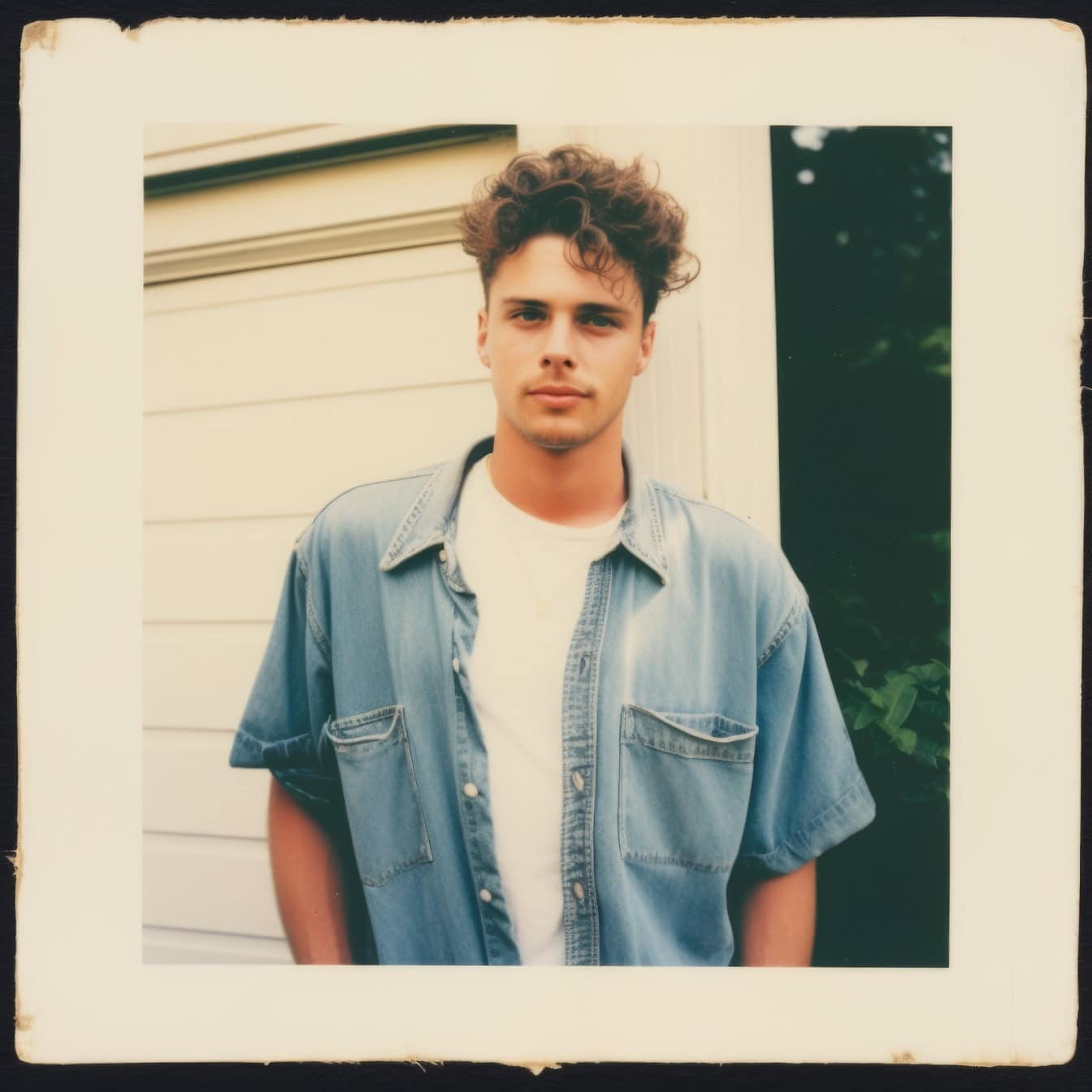 A polaroid snapshot from an old photo album with a photograph of a handsome man posing